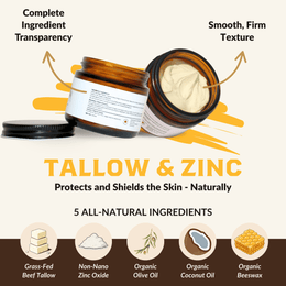 Jar of tallow and zinc product with text highlighting benefits and ingredients on a white background.