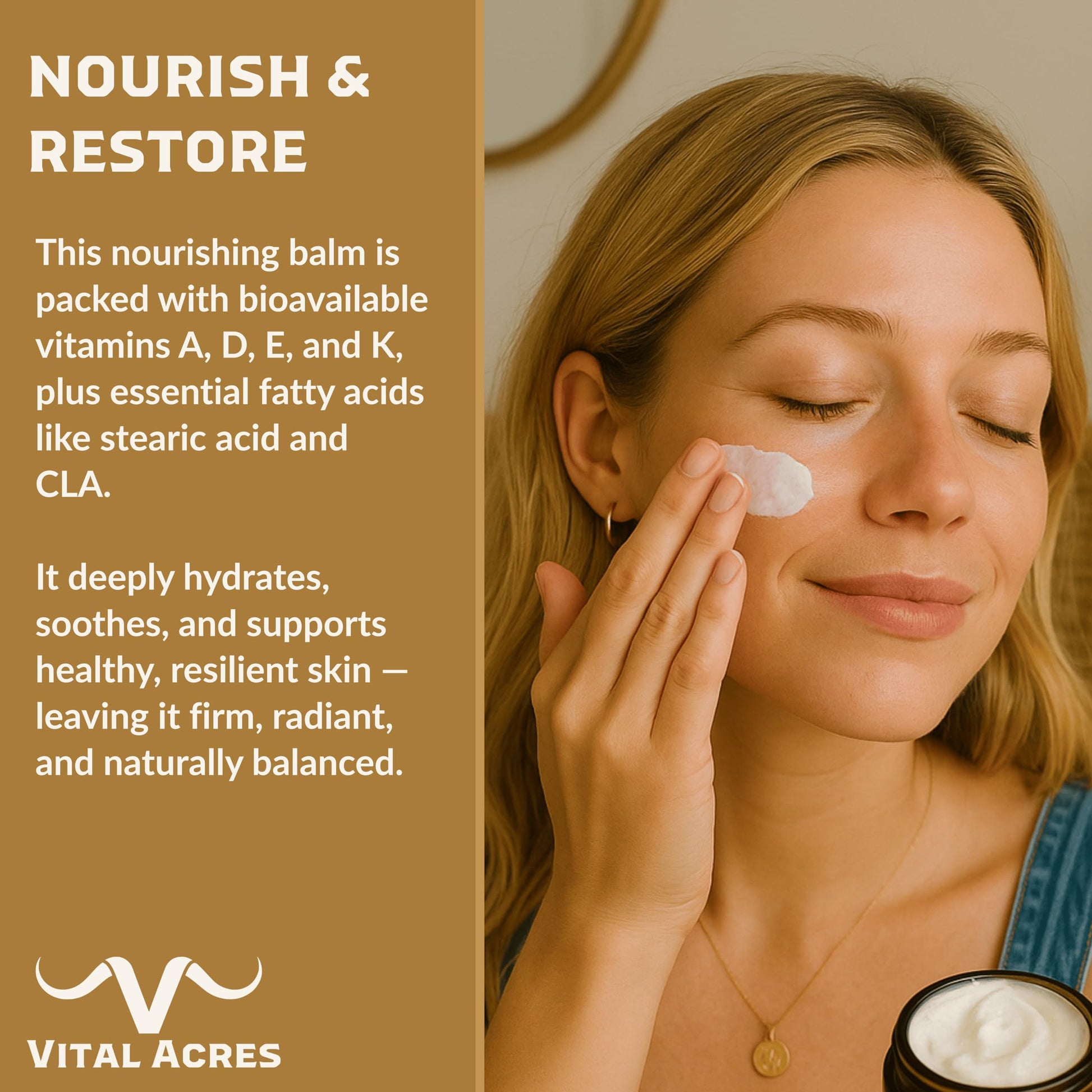 Woman applying Tallow Pure to face – pure beef tallow moisturizer with vitamins A, D, E, and K for natural hydration and skin resilience