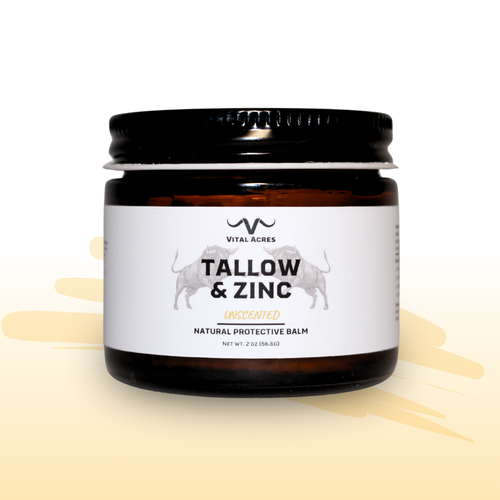 Front label of Vital Acres Tallow & Zinc Balm – natural protective sun balm made with grass-fed tallow and zinc oxide for face and body