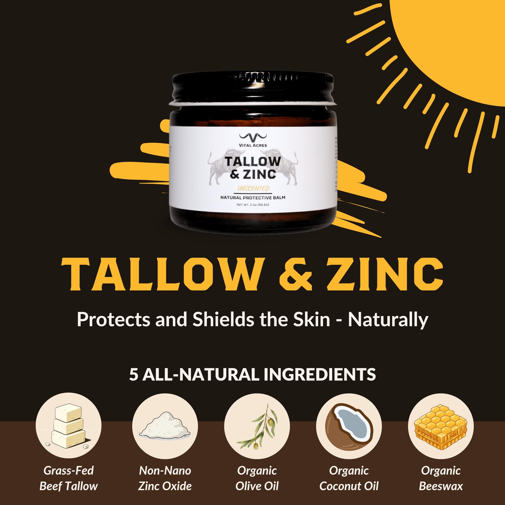 Tallow and Zinc natural sunscreen balm with clean ingredients – grass-fed beef tallow, non-nano zinc oxide, organic olive oil, organic coconut oil, and organic beeswax

