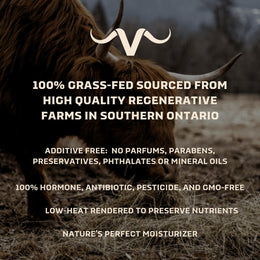 Grass-fed beef tallow sourced from regenerative farms in Ontario, Canada – pure, additive-free skincare balm with no hormones, preservatives, or parabens